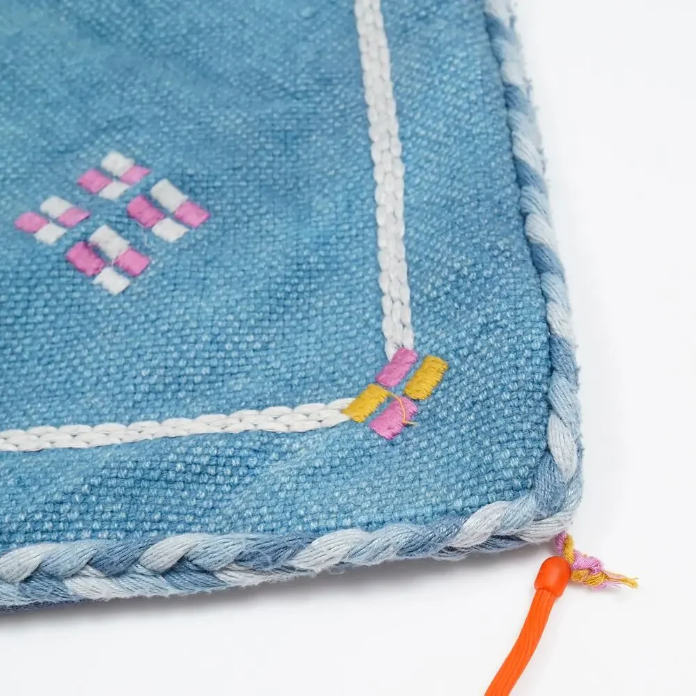 Moroccan Embroidered Pillow Cover 20x20 Blue Cotton Fringe Tassel Cushion Cover
